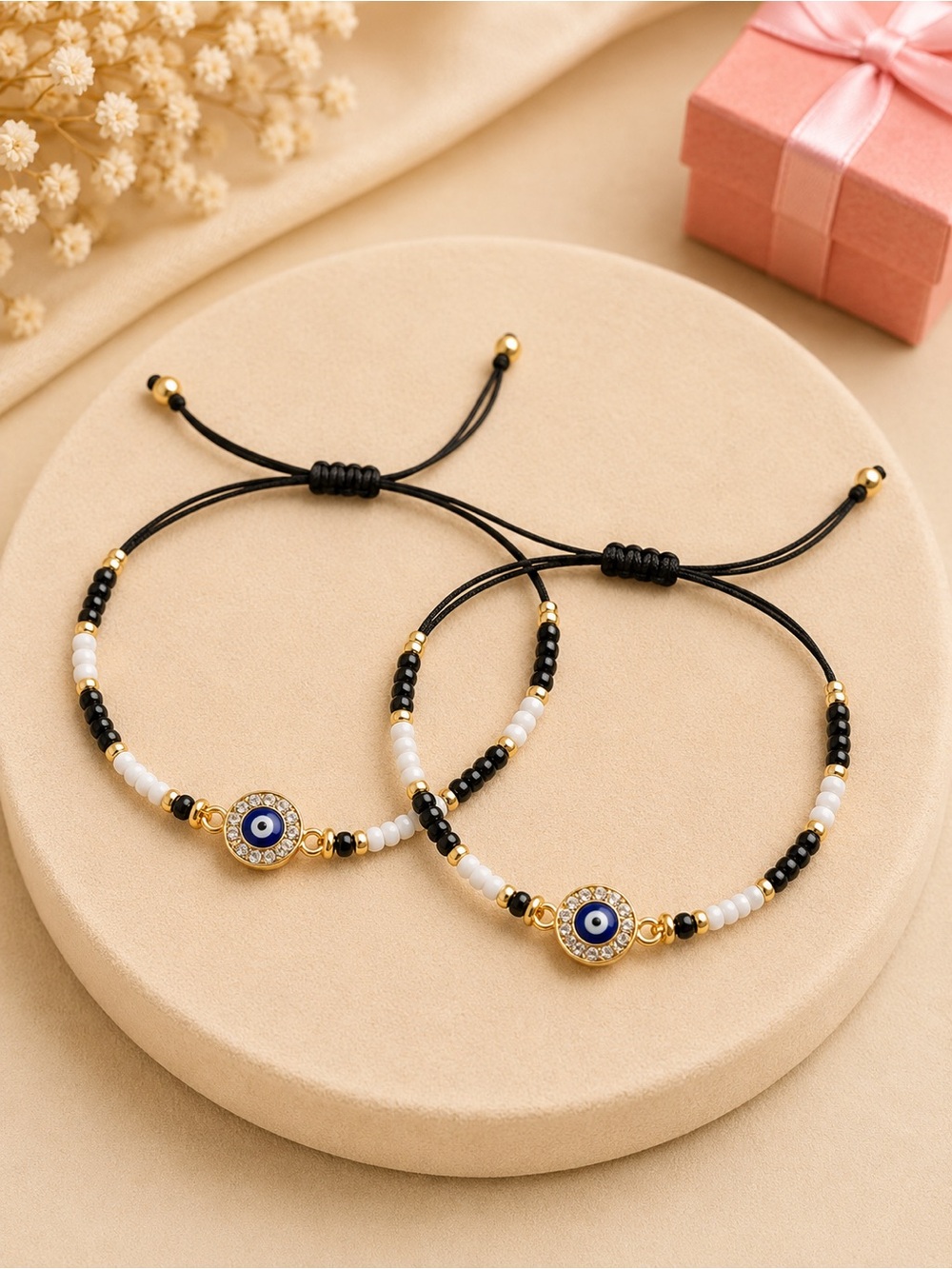 Evil Eye Beaded Adjustable Bracelet - Black & White (2 pack)
